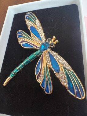Blue & Green Dragonfly Brooch with Rhinestones